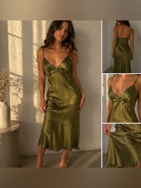 Olive Satin Slip Dress Midi | Silky Minimalist Chic | Date Night / M